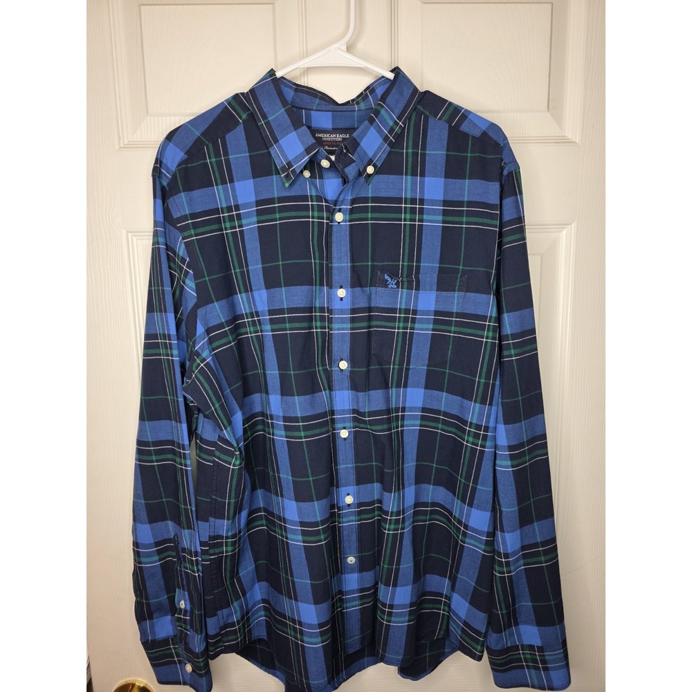 American Eagle Outfitters Blue, Green, White Plaid Men's Button‎ Down LS Size XL
